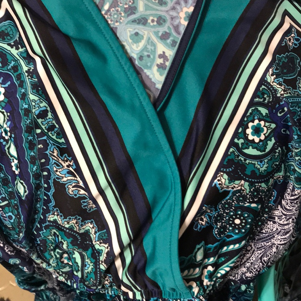 Silky type navy, white, green, and black dress